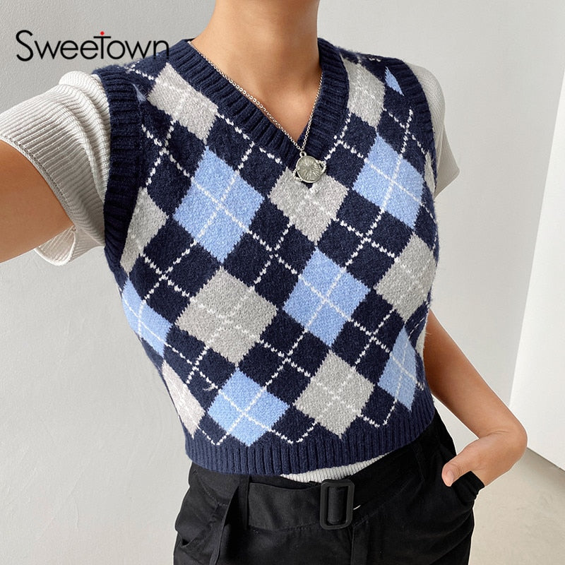 Sweetown Argyle Plaid Knitted Tank Top Female Knitwear Preppy Style Clothes V Neck Casual Crop Sweater Vest 90s Streetwear
