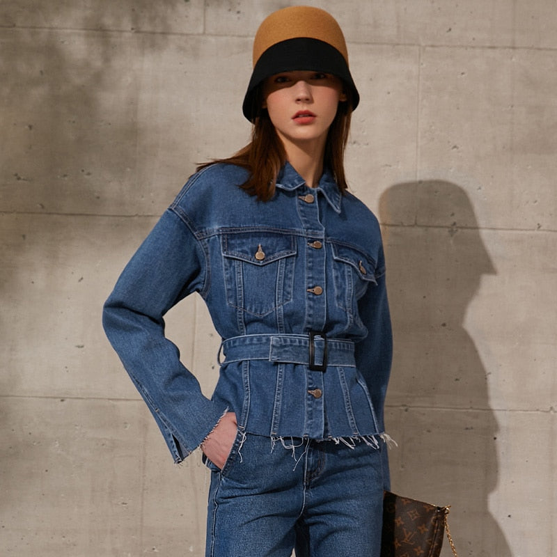 Amii Minimalism Spring Summer Women's Jean jacket Causal Lapel Single Breated Jean Coat Fashion Bell-bottomed Pants 12140152