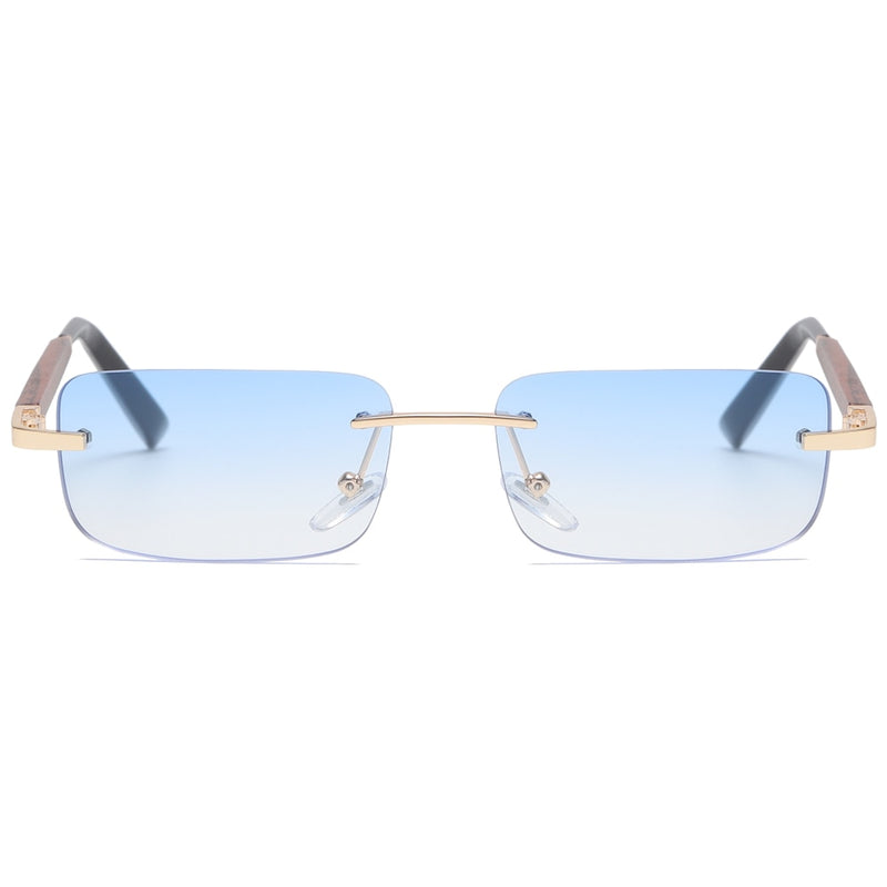 Peekaboo tinted rimless rectangular sunglasses retro blue brown imitated wood frame frameless women glasses for men uv400