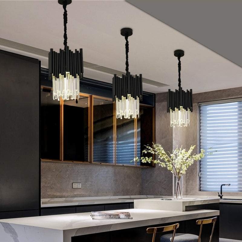 Lámpara de araña negra moderna para comedor, lámpara de cristal colgante de 30cm de diámetro, isla de cocina de lujo, accesorio de iluminación led de cristal