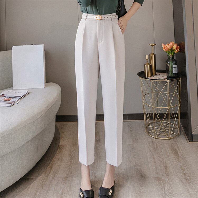 Colorfaith New 2022 High Waist Korean Fashion Elegant Office Lady Ankle-Length With Belt Spring Summer Women Suit Pants P7223