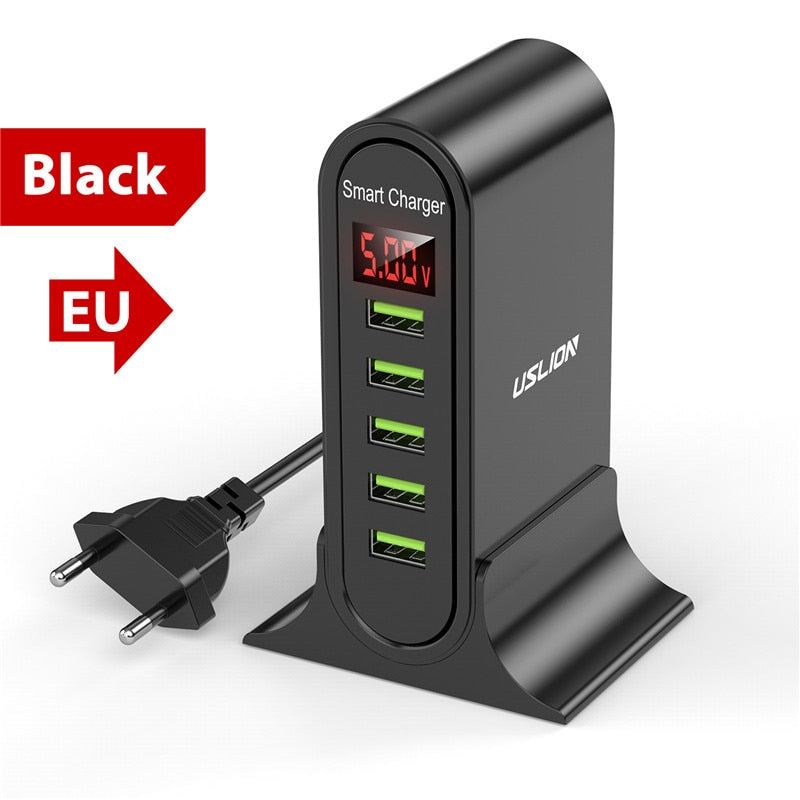 USLION 5-Port-USB-Ladegerät für Xiaomi LED-Display Multi-USB-Ladestation Universelles Telefon Desktop-Wand-Heim-EU-US-UK-Stecker