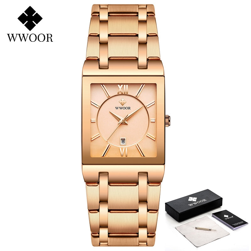 WWOOR Uhr für Herren Top-Marke Luxus Gold Quadratische Armbanduhr Herren Business Quarz Stahlband Wasserdichte Uhr Reloj Hombre 2021