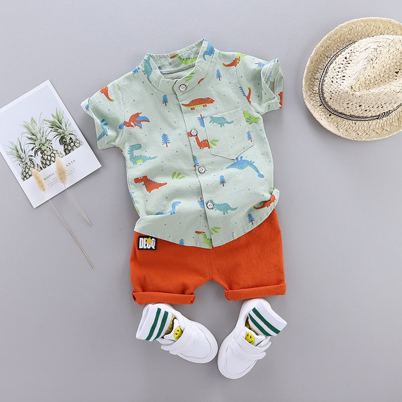 Summer Baby Boy Clothes Set Infant Cartoon Dinosaur Print Short Sleeve Shirt + Pants 1 2 3 4 Years Kid Toddler Boys Outfit