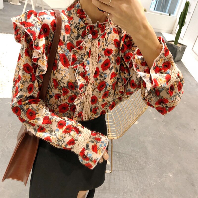 Alien Kitty Pleated Florals Stand Feminine Hollow Out Chic 2020 All-Match Sweet Flare Sleeves Women Loose Office Lady Blouses