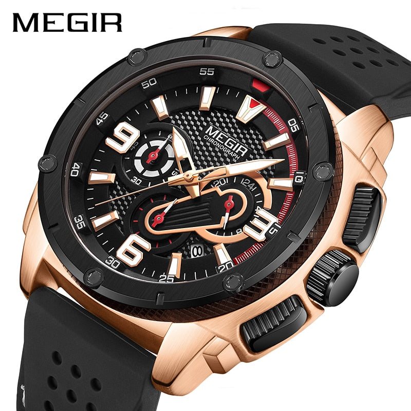 MEGIR Black Sport Watches for Men Clocks Military Army Watch Mens Silicone Chronograph Quartz Wrist Watch Man Reloj Hombre 2020