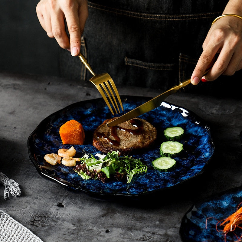 Platos y cuencos De cerámica para cena, platos azules, vajilla creativa japonesa Retro con horno cambiado, juego De vajilla, Platos De Cena
