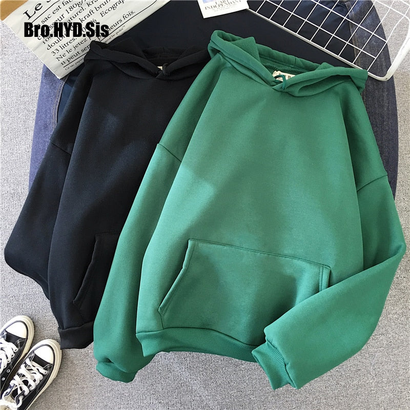 Harajuku, sudaderas con capucha de Color sólido para mujer, jersey de estilo sencillo, sudadera holgada de lana con capucha para primavera y otoño, Tops de bolsillo para mujer