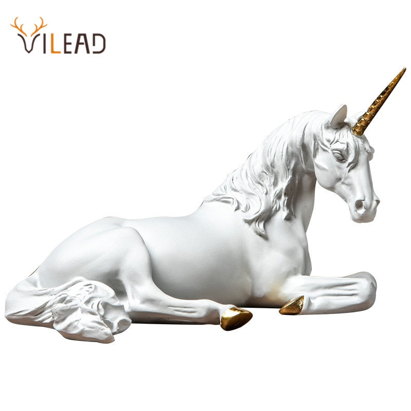 VILEAD Nordic Resin White Unicorn Horse Statue Tierfiguren Moderne Home Office Dekoration Wohnzimmer Fairy Garden Decor