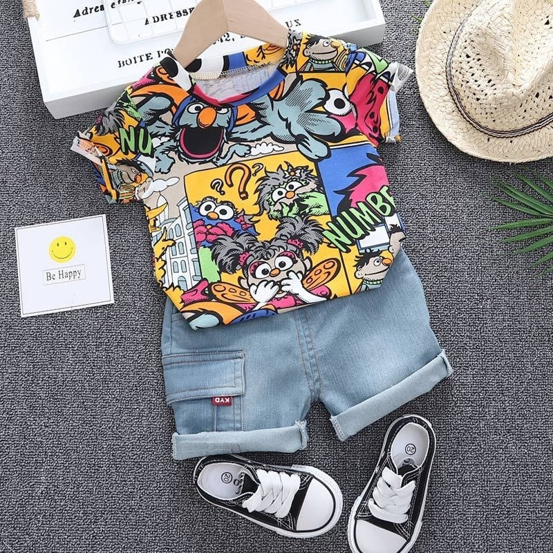 Conjunto de ropa de verano para niños con sombrero para el sol, camiseta de manga corta con grafiti a la moda, conjunto de pantalones cortos de mezclilla, ropa para niños