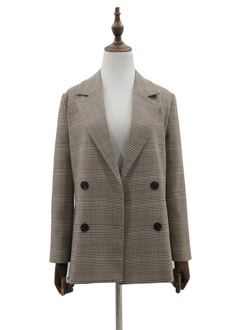 Chaqueta de oficina a cuadros con cuello entallado para mujer, chaqueta de otoño con doble botonadura, abrigo informal con bolsillos para mujer 2021