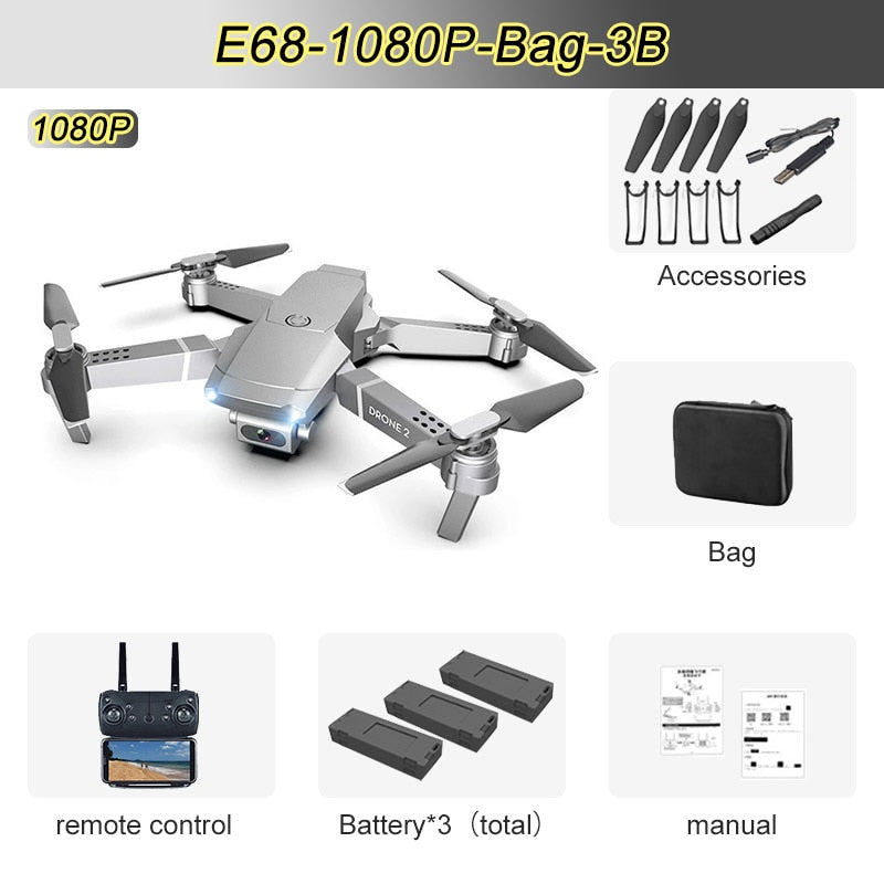 JINHENG E68 Mini RC Drone 4K 1080P HD Cámara Wifi FPV Presión de aire Modo de retención de altitud Cuadricóptero plegable Juguete Regalo para niños