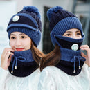 3 unids/set sombreros de invierno para mujeres con máscara de respiración 2 en 1 sombrero de punto niña pompones sombrero cálido añadir piel forrada sombrero de invierno protector