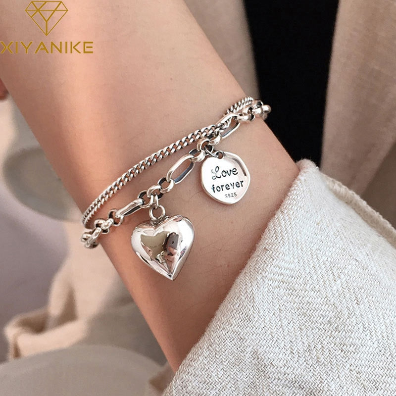 XIYANIKESilver Color Love Letter Heart Double Layer Bracelet Female Unique Design Thai Silver Retro Light Luxury Jewelry