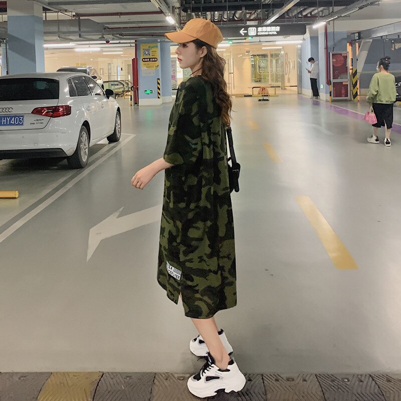 Camouflage Loose Dress Women Long T Shirt Summer Dresses 2022 for 100kg Girls Korean Half Sleeve Irregular Cotton Tees