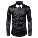 2 uds camisa de seda plateada + corbata para hombre satén suave esmoquin camisas Casual botón abajo hombres vestido camisas boda fiesta graduación Chemise Homme
