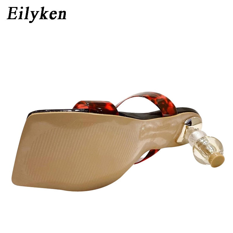 Eilyken 2023 New Summer Square Toe Ladies Slippers PVC Transparent Crystal Strange Style Clear Heel Women Leopard Grain Slides