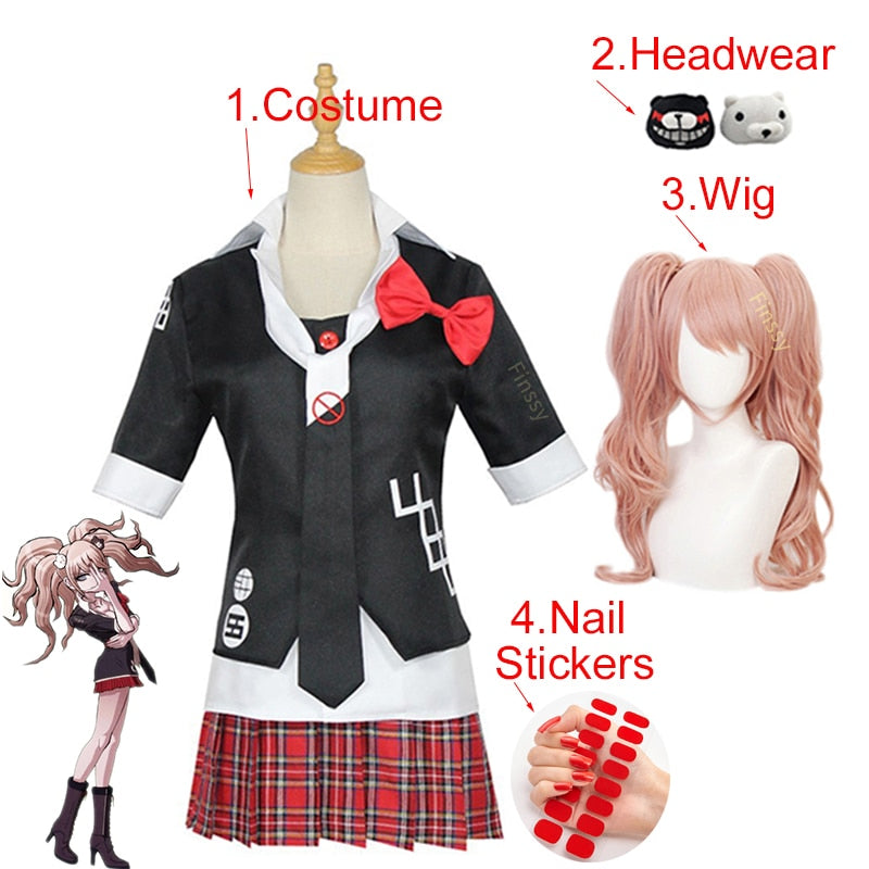 Disfraz de Cosplay de Anime Danganronpa, uniforme de Enoshima Junko, ropa de trabajo de café, Falda corta, peluca trenzada de doble cola