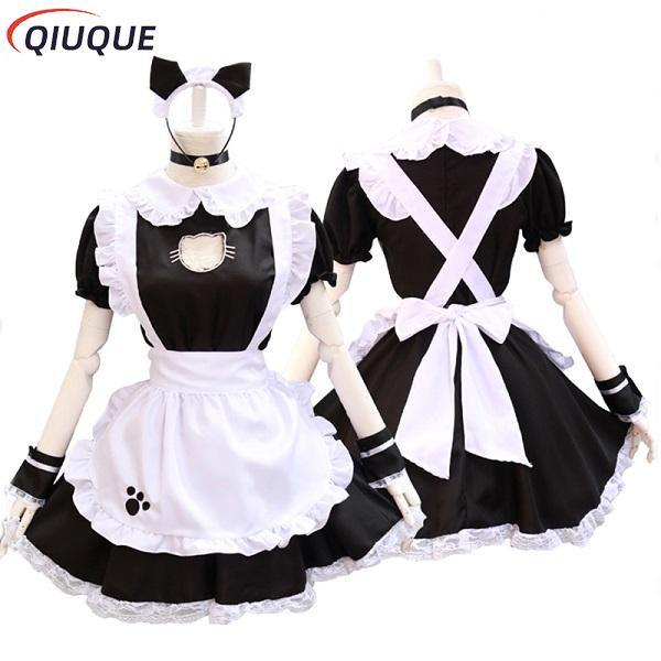 Schwarze Lolita Kleider Maid Outfit Süße Katze Cosplay Kostüm Damen Anzug Schürze Kleid Halloween Kostüme