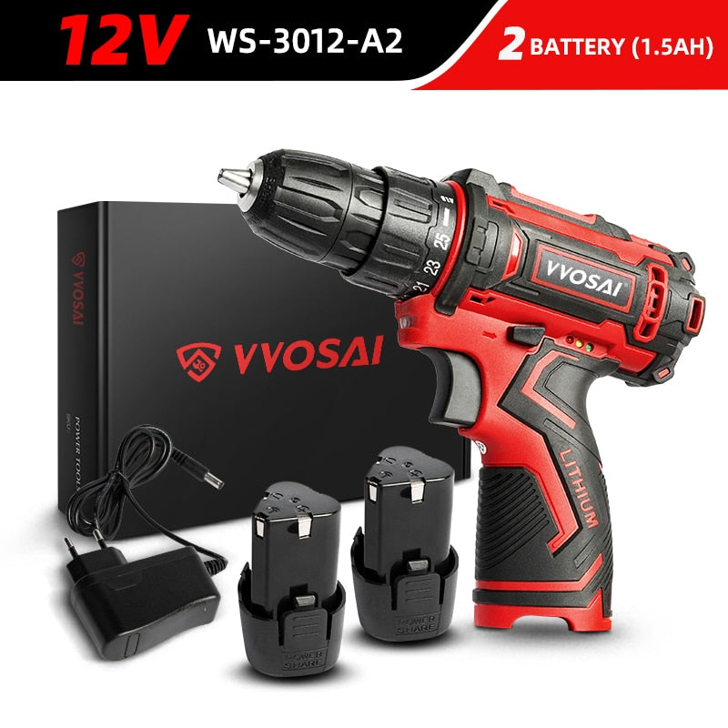 WOSAI 12V 16V 20V Cordless Drill Electric Screwdriver Mini Wireless Power Driver DC Lithium-Ion Battery 3/8-Inch