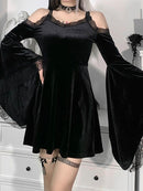 InsGoth Goth Sexy Flare Sleeve Black Dress Y2K Harajuku High Waist A Line Mini Dresses Off Shoulder Punk Halloween Autumn Dress