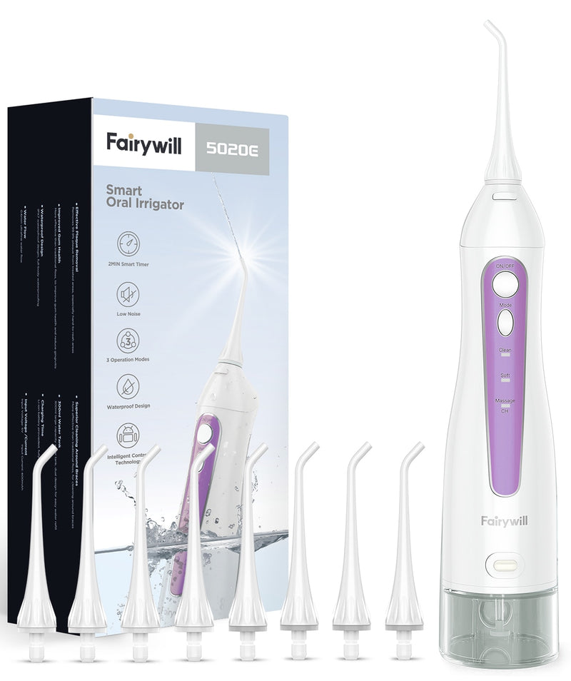 Irrigador de agua Fairywill para dientes, irrigador bucal de 300ML, recargable, portátil, Dental, 3 modos, tanque de agua, limpiador de dientes resistente al agua