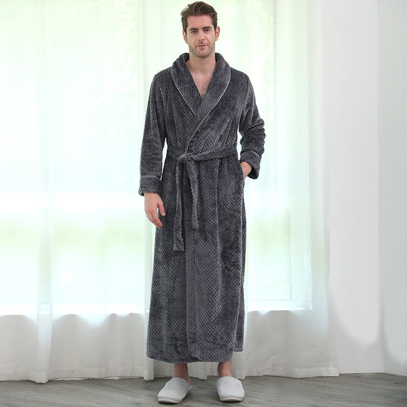 Men Long Thick Warm Flannel Bath Robe Plus Size Women Robes Coral Fleece Bathrobe for Winter Dressing Gown Male Kimono Sleepwear