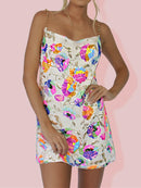 Pink Floral Sequined Mini Dress Sexy Backless Chain Straps Low Cut Short Summer Night Club Party Out Wear Black Orange White