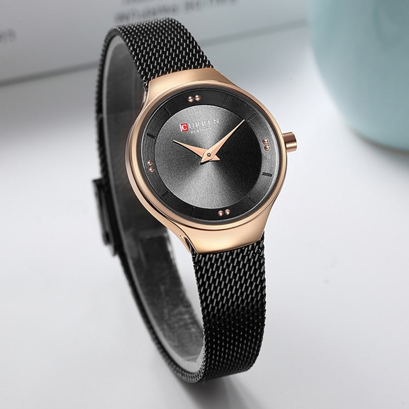 Relojes elegantes para mujer, reloj de malla de acero inoxidable de cuarzo a la moda CURREN, reloj de pulsera sencillo para mujer, reloj de mujer