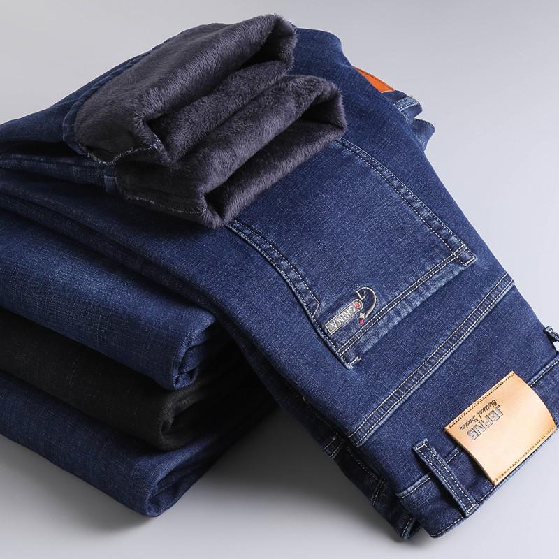 Winter Thermal Warm Flannel Stretch Jeans Mens Quality Famous Brand Fleece Pants Men Straight Flocking Trousers Jean Male