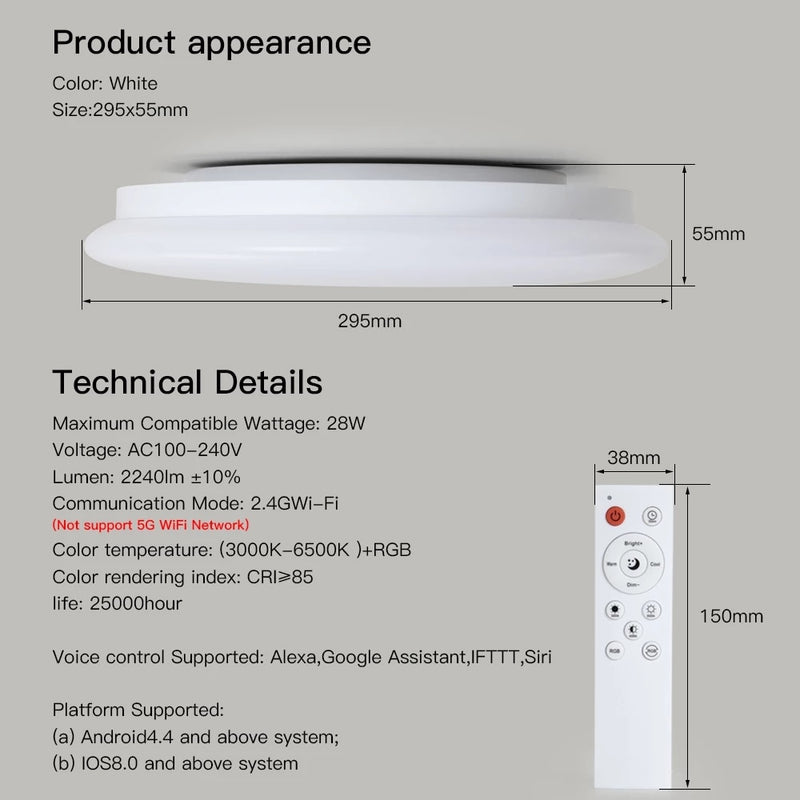 Smart WIFI LED Ceiling Light, RGB Dimmable, Remote Control Voice Control APP Control for Bedroom Living Room Ambient Light 28W