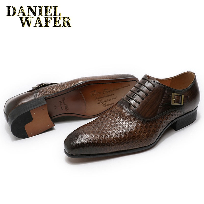 Daniel Wafer Man Schuhe Luxus echtes Leder geometrische Drucke Büro Hochzeit Mann formale schwarze Schnürung spitze Zehen Oxford Schuhe