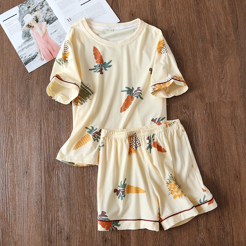 Women's 100% cotton short-sleeved shorts in summer pajamas cartoon summer sports and leisure two-piece suits can be worn out