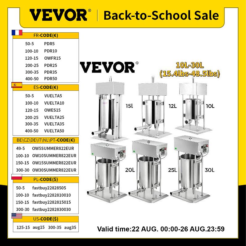 VEVOR 10L 12L 15L 20L 25L 30L Electric Sausage Stuffer Filler Vertical Stainless Steel Production Machine for Hot Dog Bratwurst