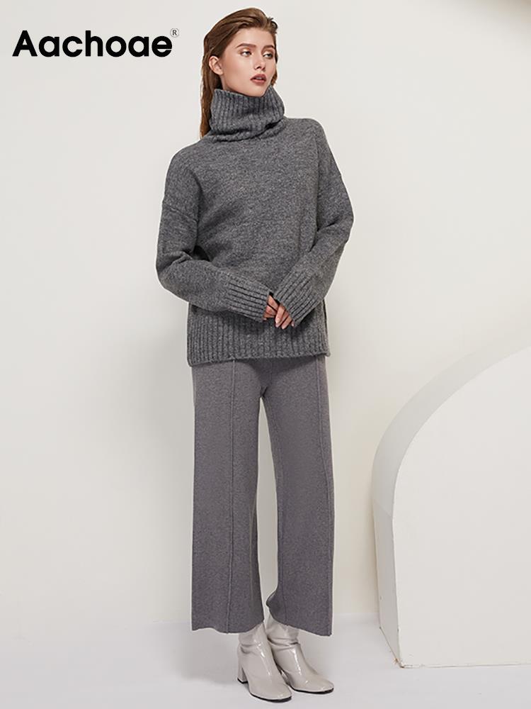 Aachoae Elegant Solid Knitted Two Piece Set Women Turtleneck Batwing Long Sleeve Loose Sweater Full Length Casual Wide Leg Pants