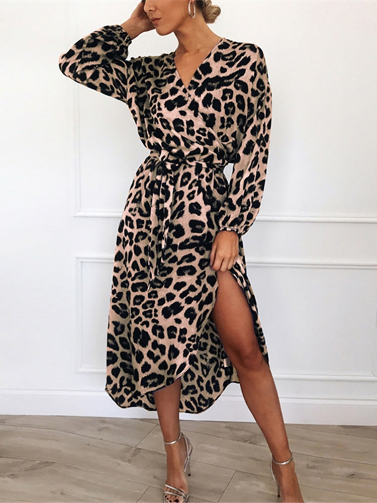 Aachoae Leopard Dress 2022 Women Vintage Long Beach Dress Loose Long Sleeve V-neck A-line Sexy Party Dress Vestidos de fiesta