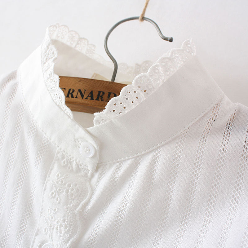 100% Cotton Women Lace White Shirts Summer Spring Long-sleeve Ruffle Slim Soft Blouse Tops 0.15 Kg