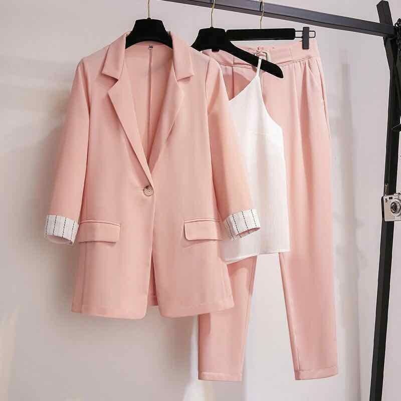 2021 Autumn New Suit Jacket Suspender Pants Three-piece Women&