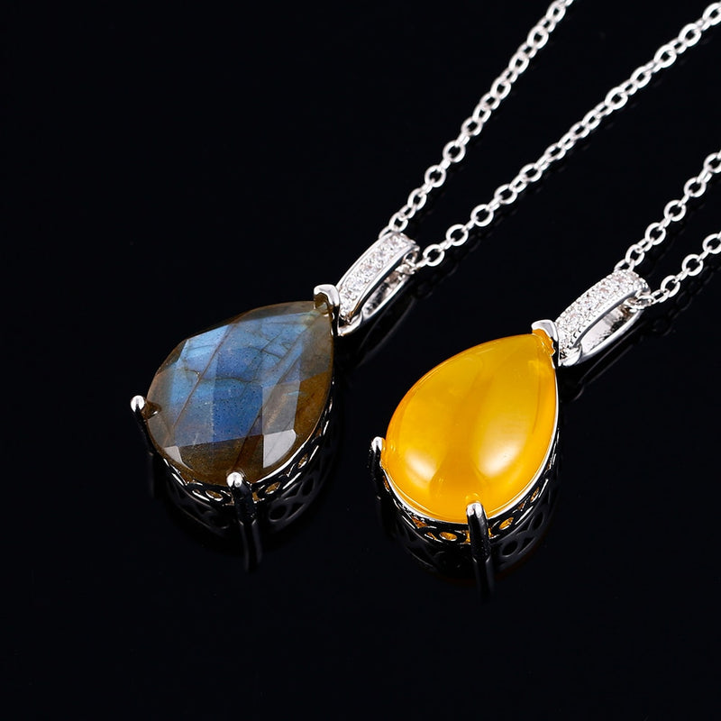 Silver Pendant Necklace Large Pear Shape 13 * 18MM Labradorite and Yellow Agate Stone Pendant Necklace Gift Anniversary