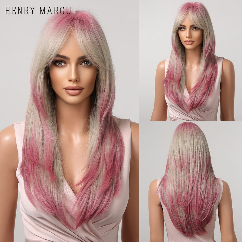 HENRY MARGU Long Straight Black Synthetic Wigs With Bangs Natural Fake Hairs for Women Afro Heat Resistant Cosplay Daily Wigs