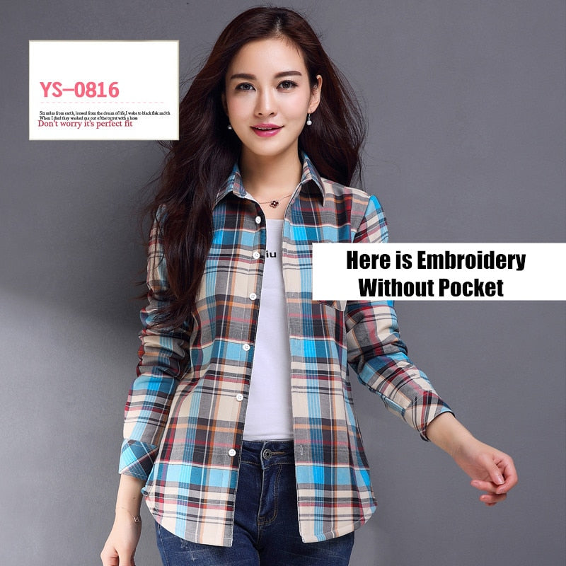 S-4XL Women Cotton Shirt Spring Autumn Winter 2022 New Casual Long-sleeve Brushed Plaid Stripe Shirts Girl's Tops Blouse Female