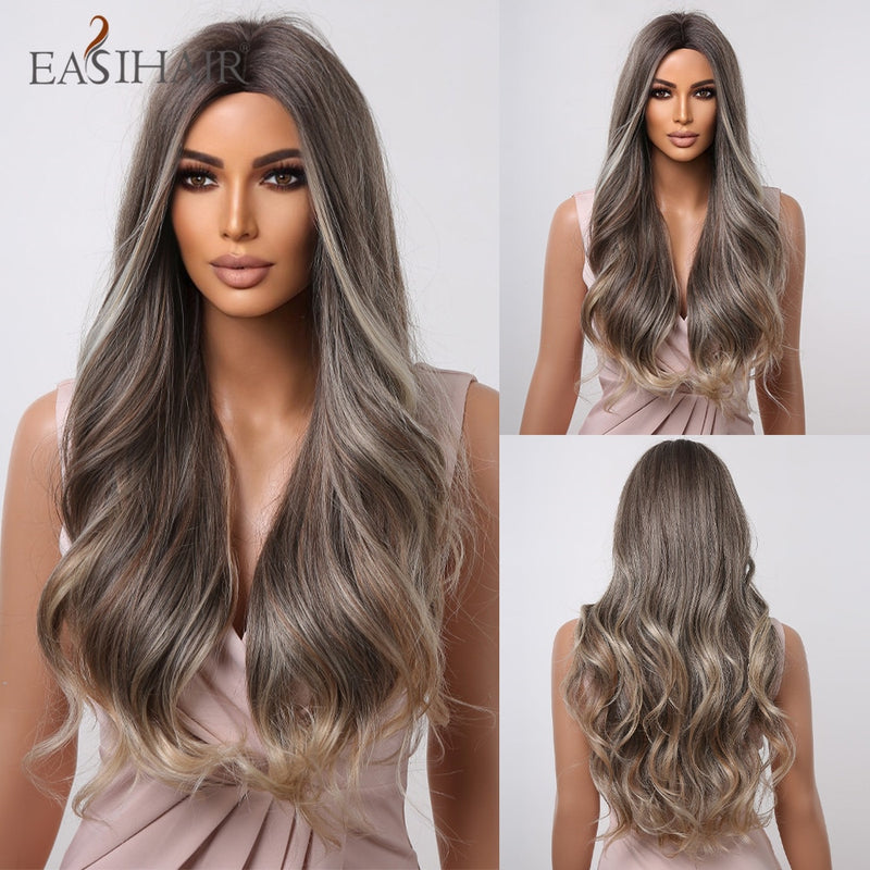 EASIHAIR Long Wavy Dark Brown Black Synthetic Wigs Natural Middle Part Hair Wigs for Women Daily Cosplay Party Heat Resistant