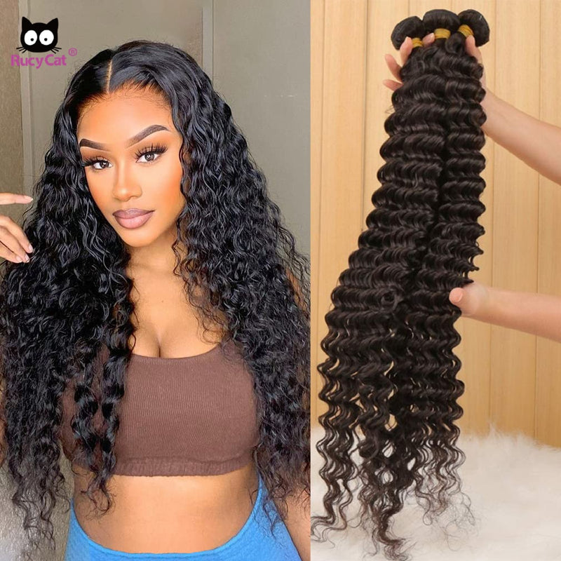 RucyCat Deep Wave Bundles 28 30 pulgadas 100% paquetes de cabello humano brasileño tejido extensiones de cabello de onda profunda paquetes de cabello humano