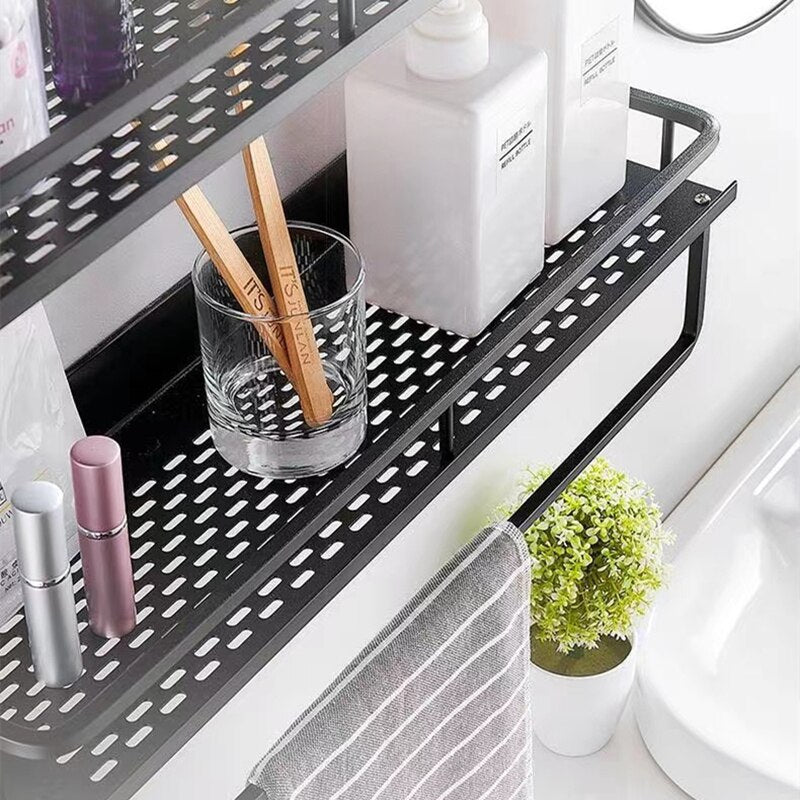 Bathroom Shelf Black Aluminum Wall-Mounted Square Shampoo Holder Cosmetic Shelves Kitchen Nets Shelf Storage Rack Organizer Rack