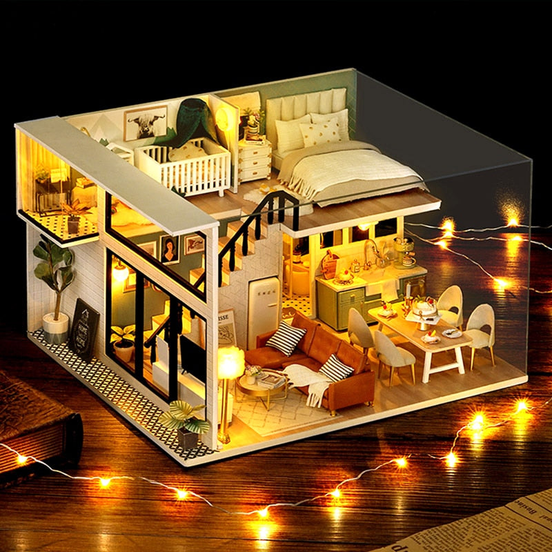 CUTEBEE Dollhouse Kit with Furniture Led Lights Diy Miniature House to Build Tiny Doll House Cozy Time for Children Toy Gift