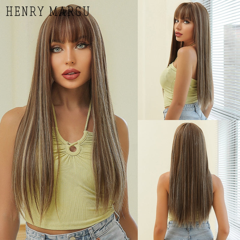 HENRY MARGU Long Straight Black Synthetic Wigs With Bangs Natural Fake Hairs for Women Afro Heat Resistant Cosplay Daily Wigs