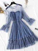 2022 nueva mujer cuello redondo estrellas lentejuelas malla brillante Hada vestido mujer elegante gasa ostentosa princesa Puff Vestidos De Fiesta