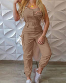 Strap Jumpsuit Women Loose Dungarees Long Rompers Summer Solid Pockets Cargo Pants Female Casual Work Out Playsuits Overalls