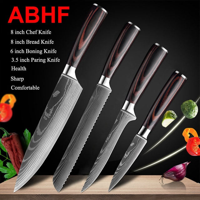 Japanese Kitchen Knife Set Laser Damascus Pattern Stainless Steel  Sharp Cleaver Slicing Utility Knives Kitchen Tools