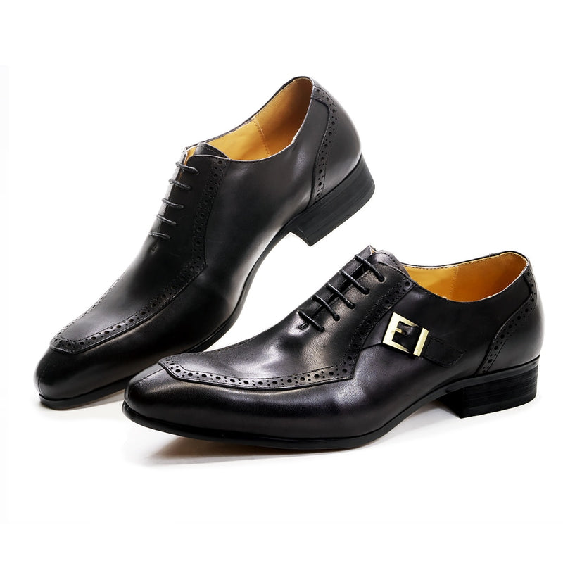 Zapatos de vestir de diseño de cuero de lujo para hombre, zapatos formales de boda de negocios de oficina, zapatos Oxford de punta estrecha con hebilla marrón con cordones para hombres